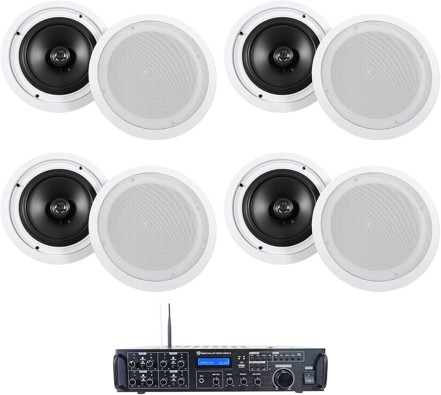 Rockville Bundle Rock Zone 8 8-Channel 1000W RMS Multi Room Receiver/Amplifier Bundle with (8) HC55 White 5.25" 300 Watt in-Ceiling Home Theater Speakers 8 Ohm (9 Items)