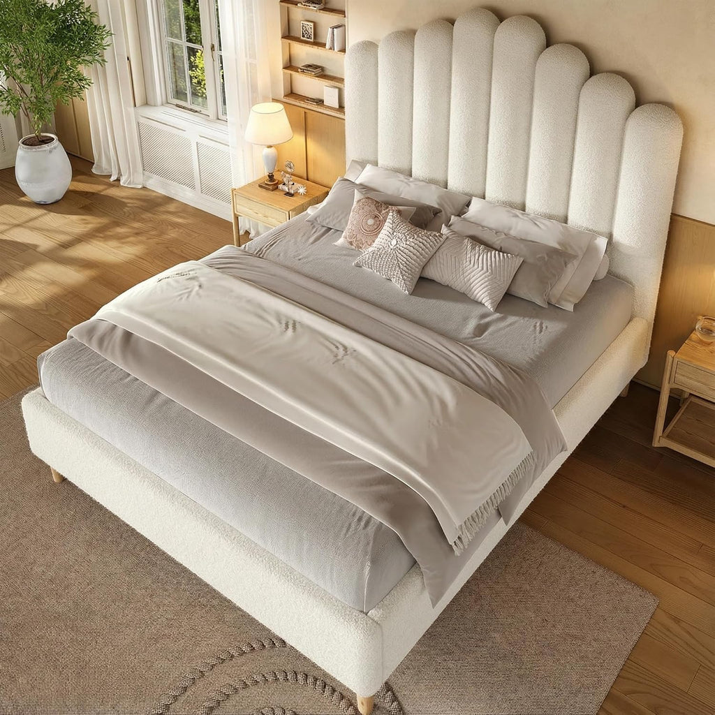 Full Size 57" Tall Boucle Bed Frame with Cloud Upholstered Headboard, Soft Bedframe with Round Corners, Solid Wood Legs, No Box Spring Needed, Easy Assembly, White