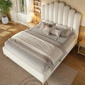 Full Size 57" Tall Boucle Bed Frame with Cloud Upholstered Headboard, Soft Bedframe with Round Corners, Solid Wood Legs, No Box Spring Needed, Easy Assembly, White