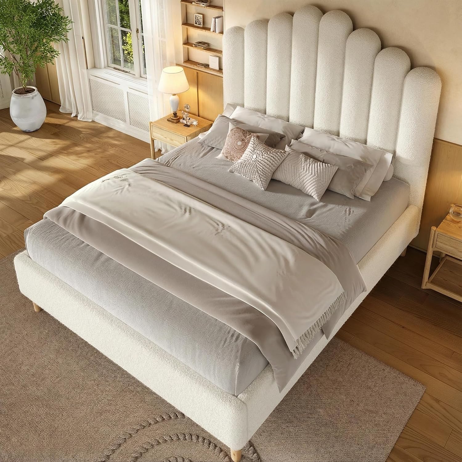 Full Size 57" Tall Boucle Bed Frame with Cloud Upholstered Headboard, Soft Bedframe with Round Corners, Solid Wood Legs, No Box Spring Needed, Easy Assembly, White