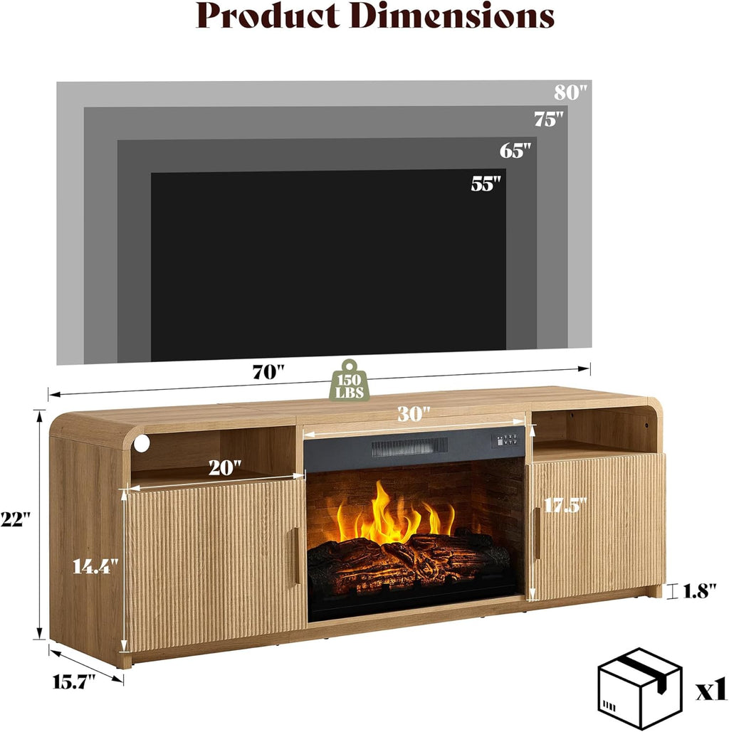 AMERLIFE 70" Fluted Fireplace TV Stand for TVs Up to 80", Modern TV Console with 30" Electric Fireplace & Storage Cabinets, Media Entertainment Center for Living Room, Natural Oak