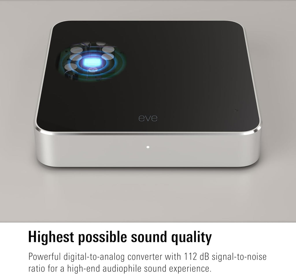 Eve Play – Audio Streaming Interface for AirPlay, Upgrade to AirPlay audio streaming, Latency compensation, digital-to-analog converter, Three audio outputs, Apple Home, Ethernet, 2.4/5 GHz Wi-Fi