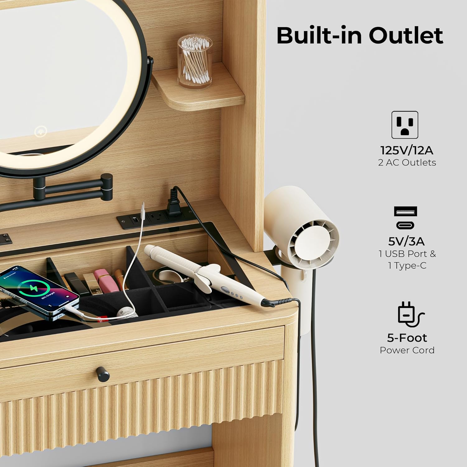 IRONCK Vanity Desk with Adjustable Makeup Mirror and LED Lights, Modern Glass Top with Storage Drawers & Shelves, Hidden Stool Storage, Dressing Table Set w/Charging Station for Bedroom, Oak