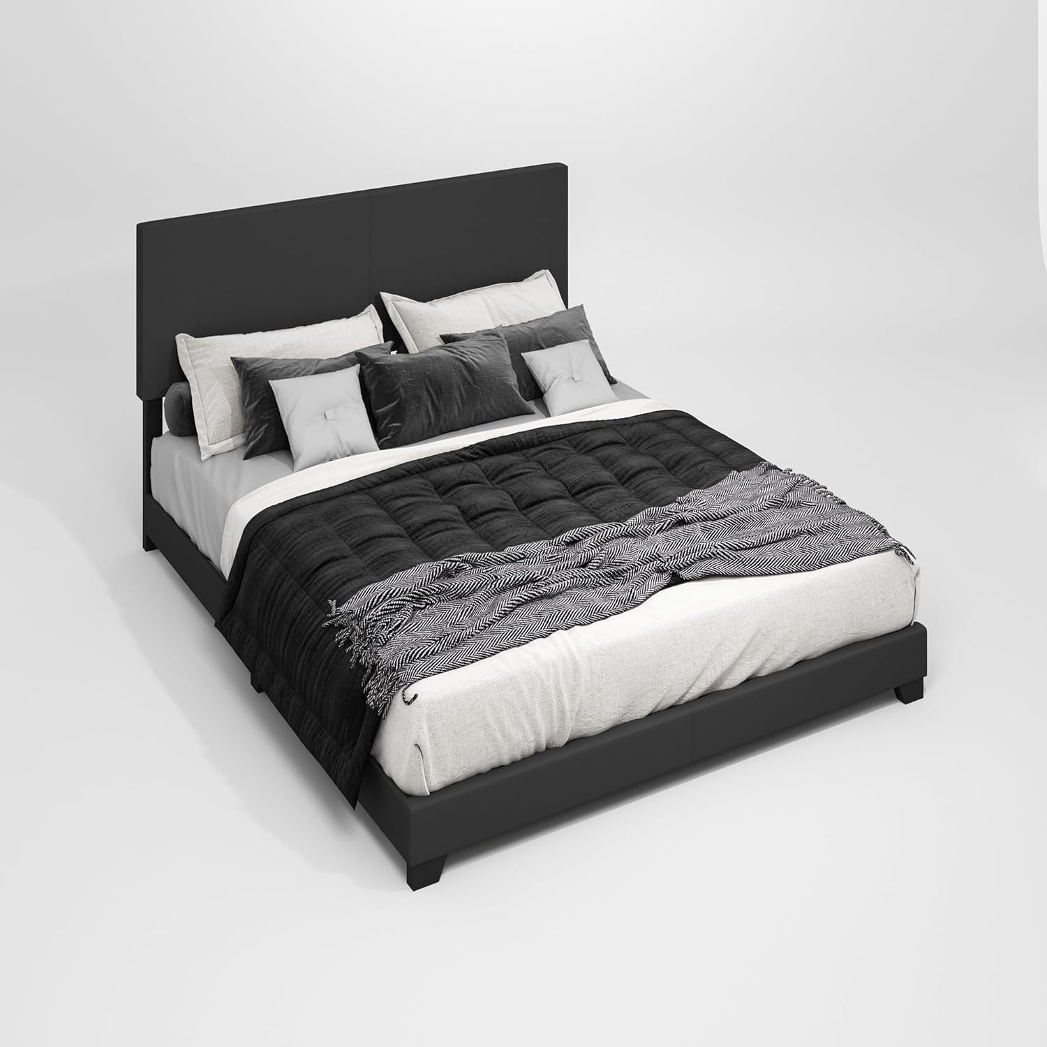 Furinno PESSAC Bed Frame, California King Size Bedframe with PU Leather Upholstery Headboard, Bed with Legs, Wooden Slat Support, Easy Assembly, for Bedroom, Dorm, Plain Black