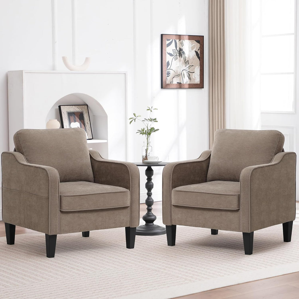 Accent Chairs Set of 2, Upholstered Living Room Chair with Side Pockets, Mid Century Modern Reading Chair for Bedroom, Comfy Armchair Single Sofa Side Chair for Office, Small Room, Brown