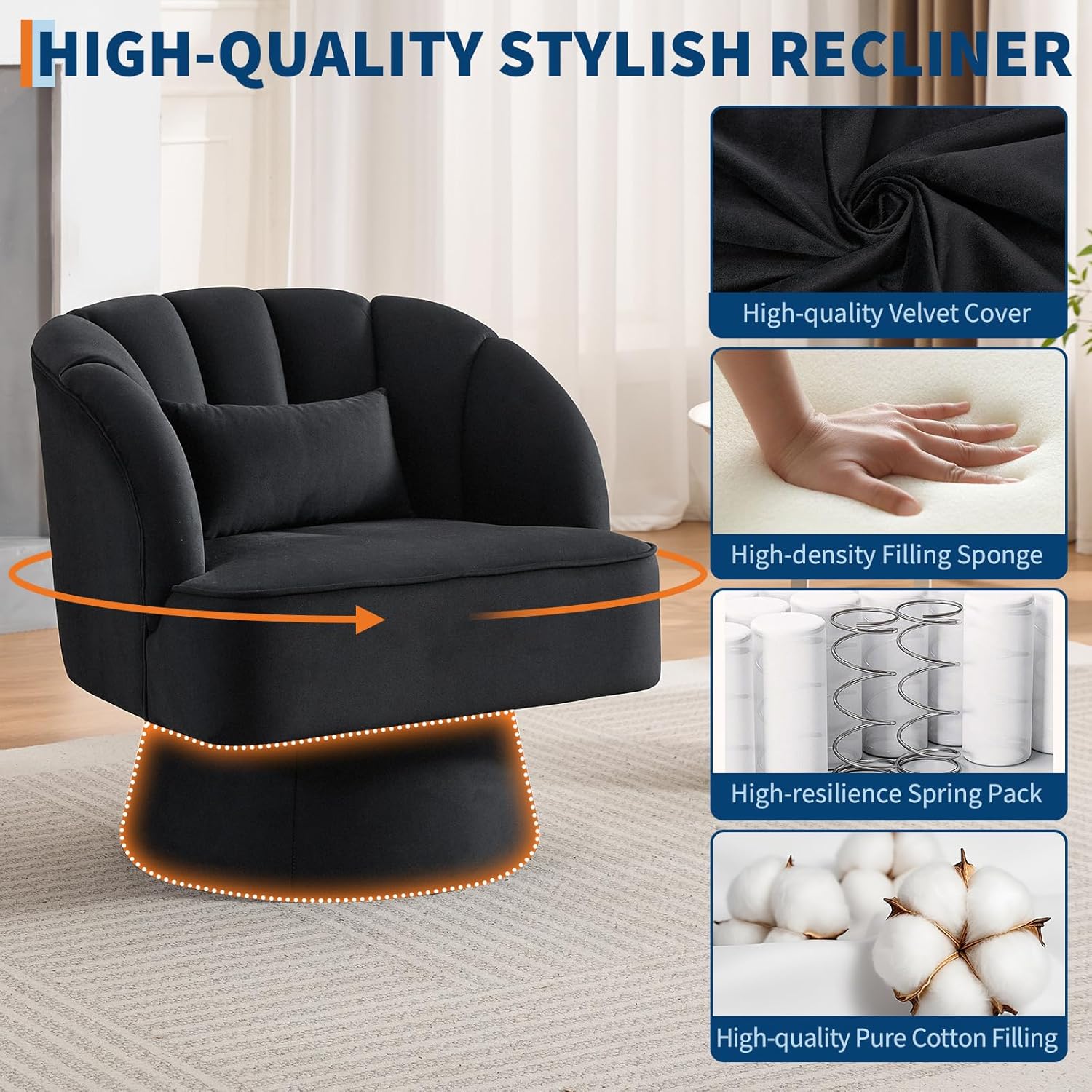 Garvee Ultra-Plush Swivel Accent Chair, 360° Barrel Lounge Chair with Cloud-Like Padding & Modern Striped Backrest, Velvet Upholstered Round Armchair for Living, Bedroom Reading Nook - Black