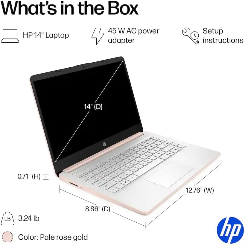HP 14" Business Laptop, 1-Year Office 365 with Copilot AI, Dual-Core Intel Processor, Windows 11, PLUSERA 8-in-1 Hub Included, Rose Gold (Rose Gold, 8GB RAM | 576GB Storage)
