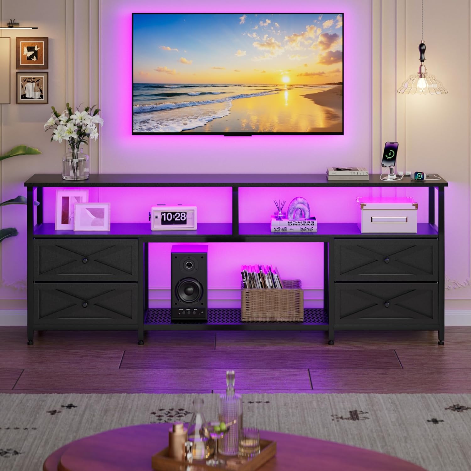 JUSTOGO TV Stand with Fabric Drawers for 65 70 75 Inches TV - Entertainment Center with Open Storage Shelf, Power Outlets & LED Lights for Living Room, Bedroom, 63" TV Console Media Console, Black