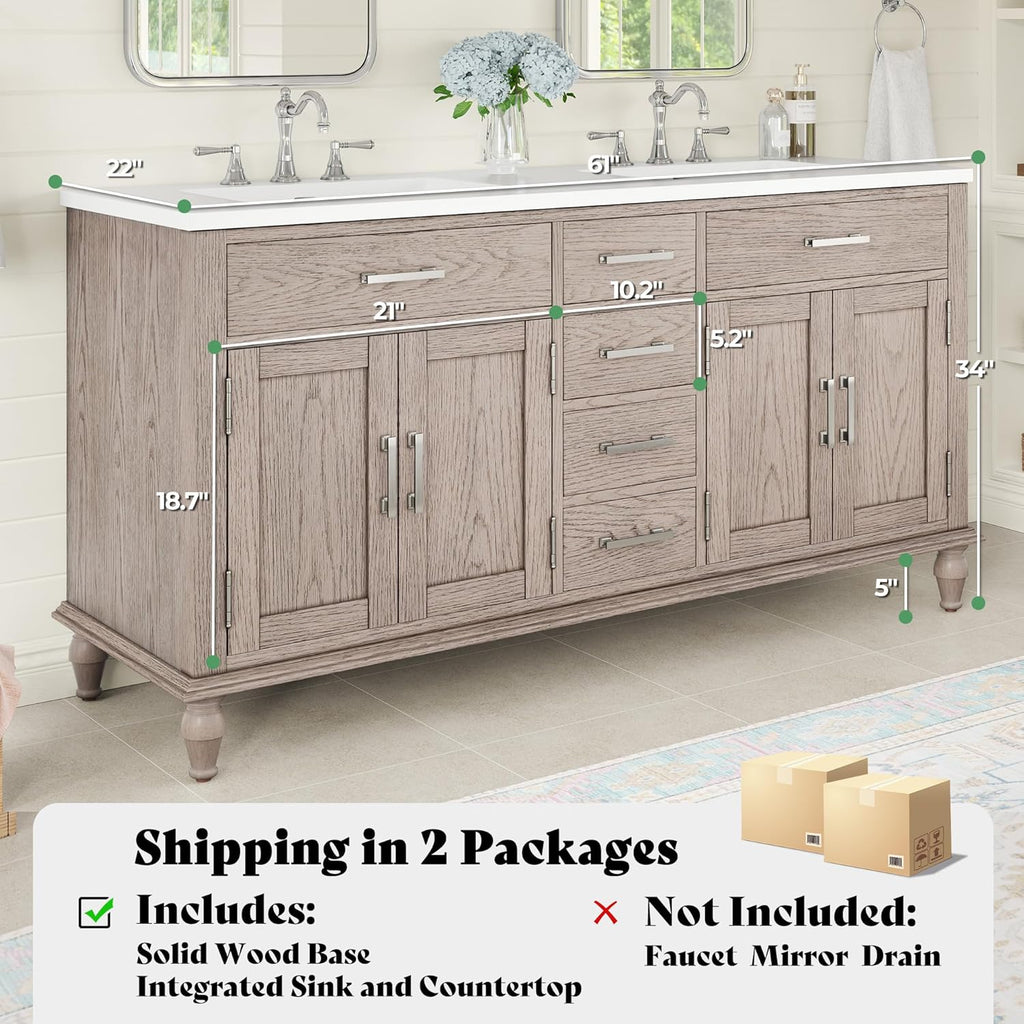 AMERLIFE 60" Solid Oak Double Sink Bathroom Vanity with Sink Combo, Antique Grey Oak Vanity Cabinet with Drawers & Adjustable Shelves, Easy Assembly