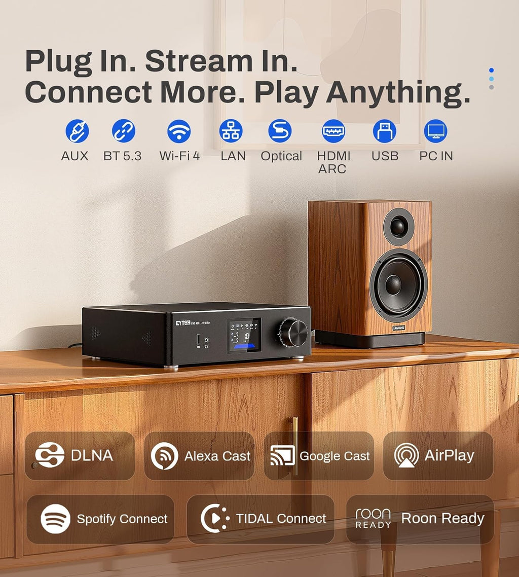 P30 300W x 2 Multiroom Streaming Amplifier Stereo Music Streamer with ESS ES9023Q2M DAC & TI TPA3255DD Amps, 3" LCD Screen, WiFi, BT, Remote Control, PC in, HDMI ARC, Optical, RCA I/O Ports