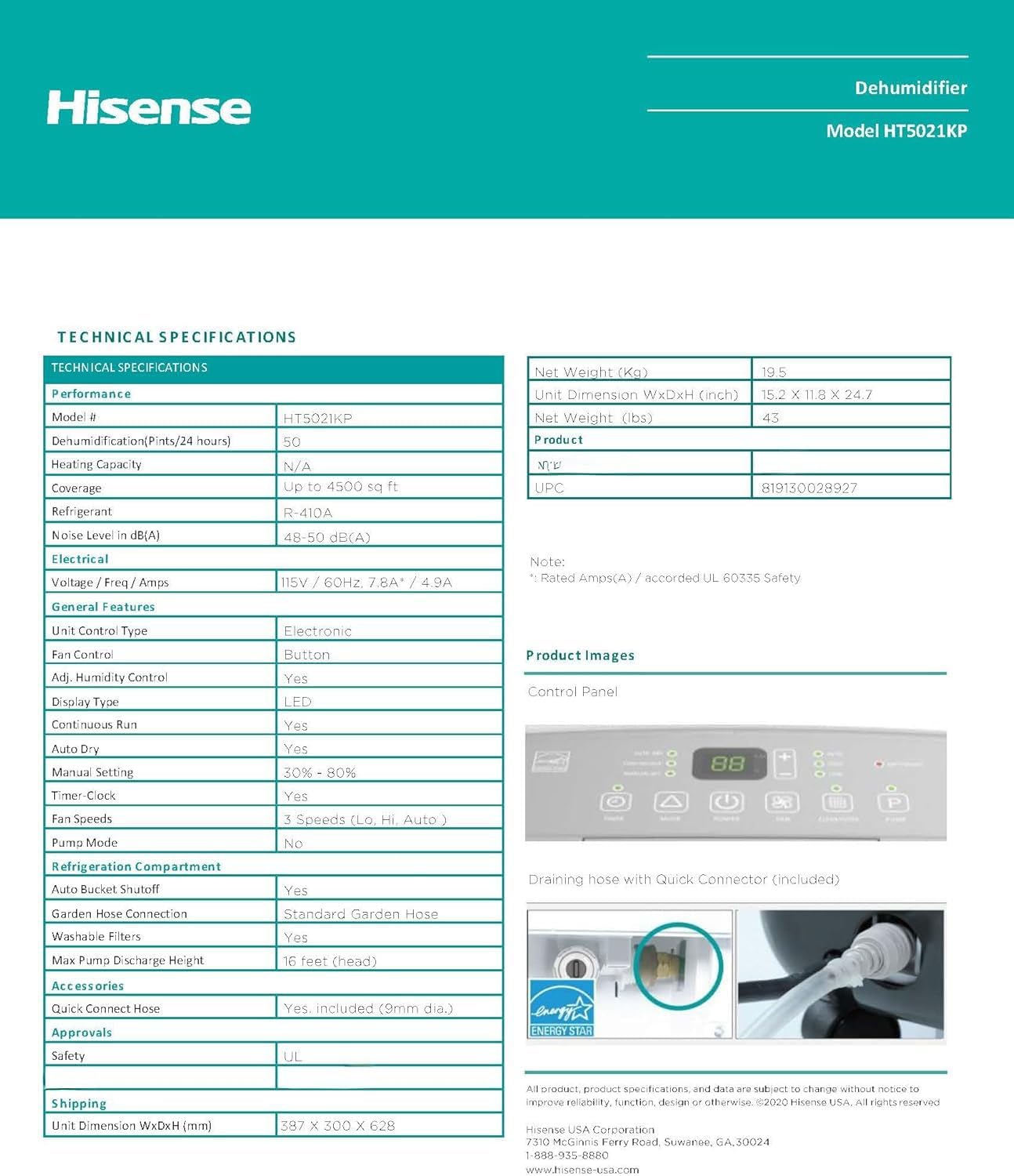 Hisense 50 Pint 3-Speed Dehumidifier with Built-in Pump, 3 Modes Auto, Continuous, Manual, White, Up to 4500 sq ft, Noise level 50 dB, HT5021KP (Renewed)