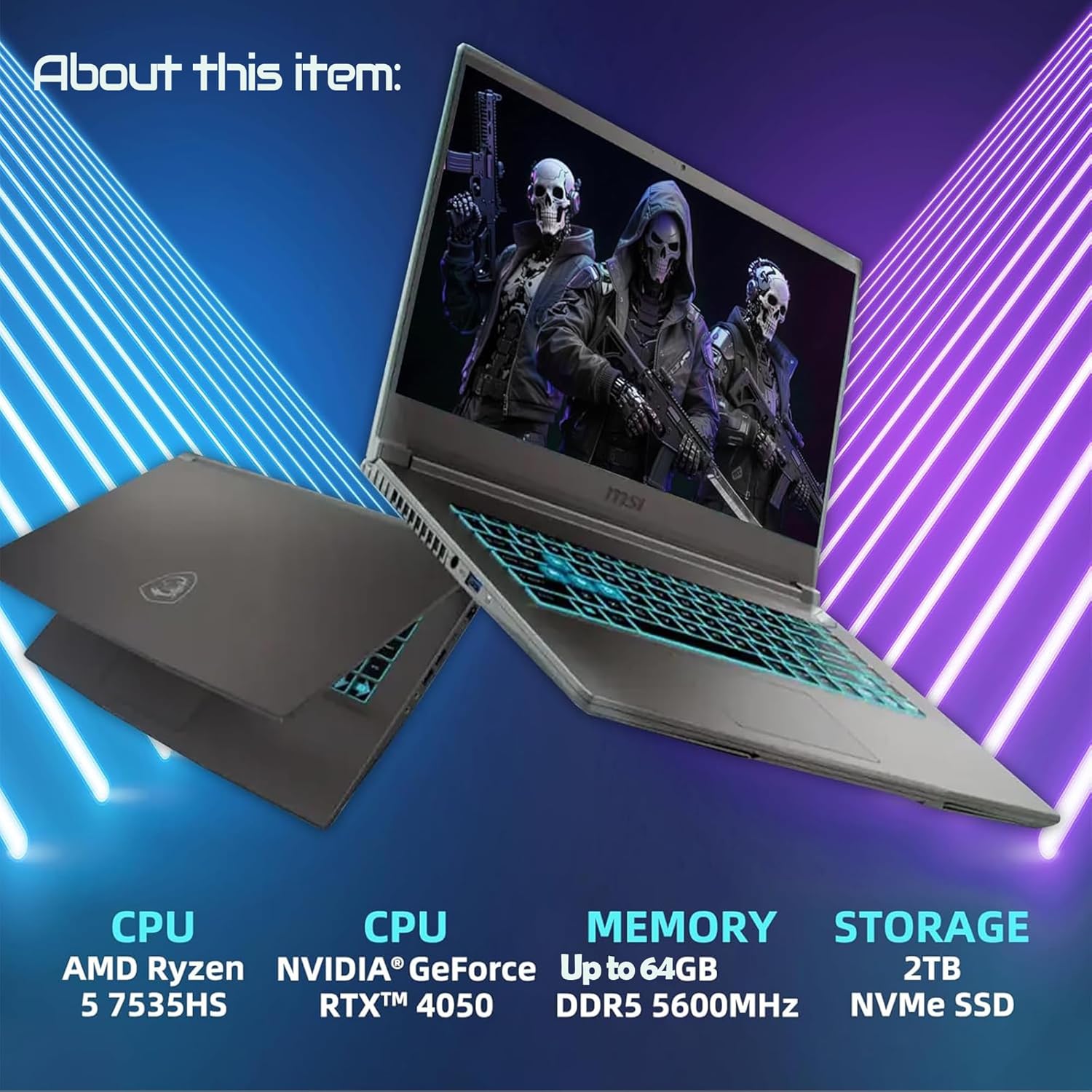 msi 15.6" Thin A15 Gaming Laptop, 8GB DDR5, 512GB SSD, Full HD Display, NVIDIA GeForce RTX 4050, AMD Ryzen 5 7535HS, Wi-Fi 6, Backlit Keyboard, Webcam, Bluetooth, Windows 11, Black
