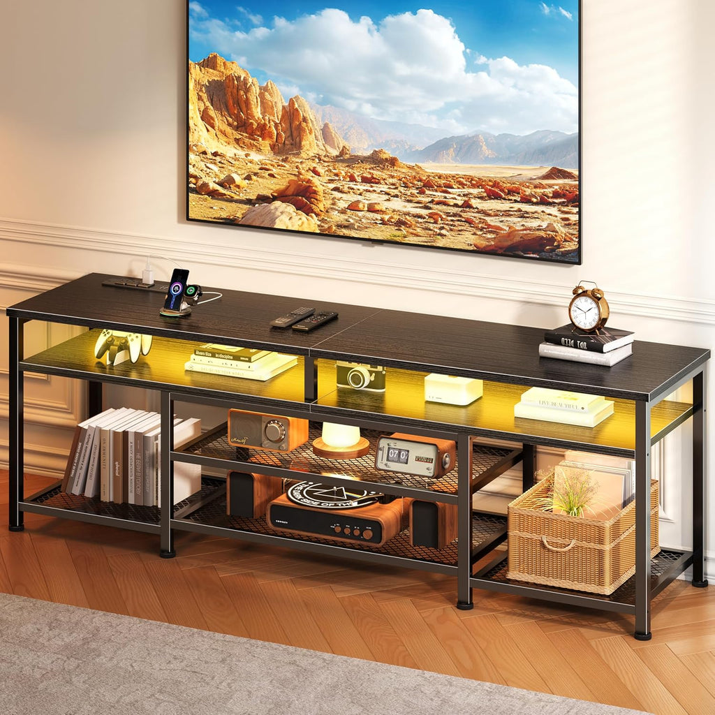 Furologee TV Stand with Power Outlets and LED Lights, 63 Inch Entertainment Center for 60 65 70 Inch TVs, Media Console Table with Open Shelves, for Bedroom, Living Room, Black