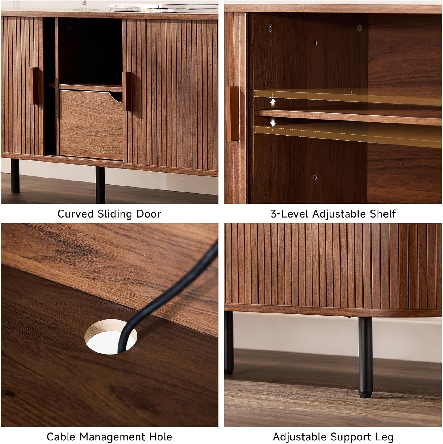 ONBRILL 69" TV Stand with Power Outlet for TVs up to 80", Entertainment Center with Storage and Drawer, TV Console with Adjustable Shelves and Sliding Door, TV Stand for Living Room, Bedroom, Walnut