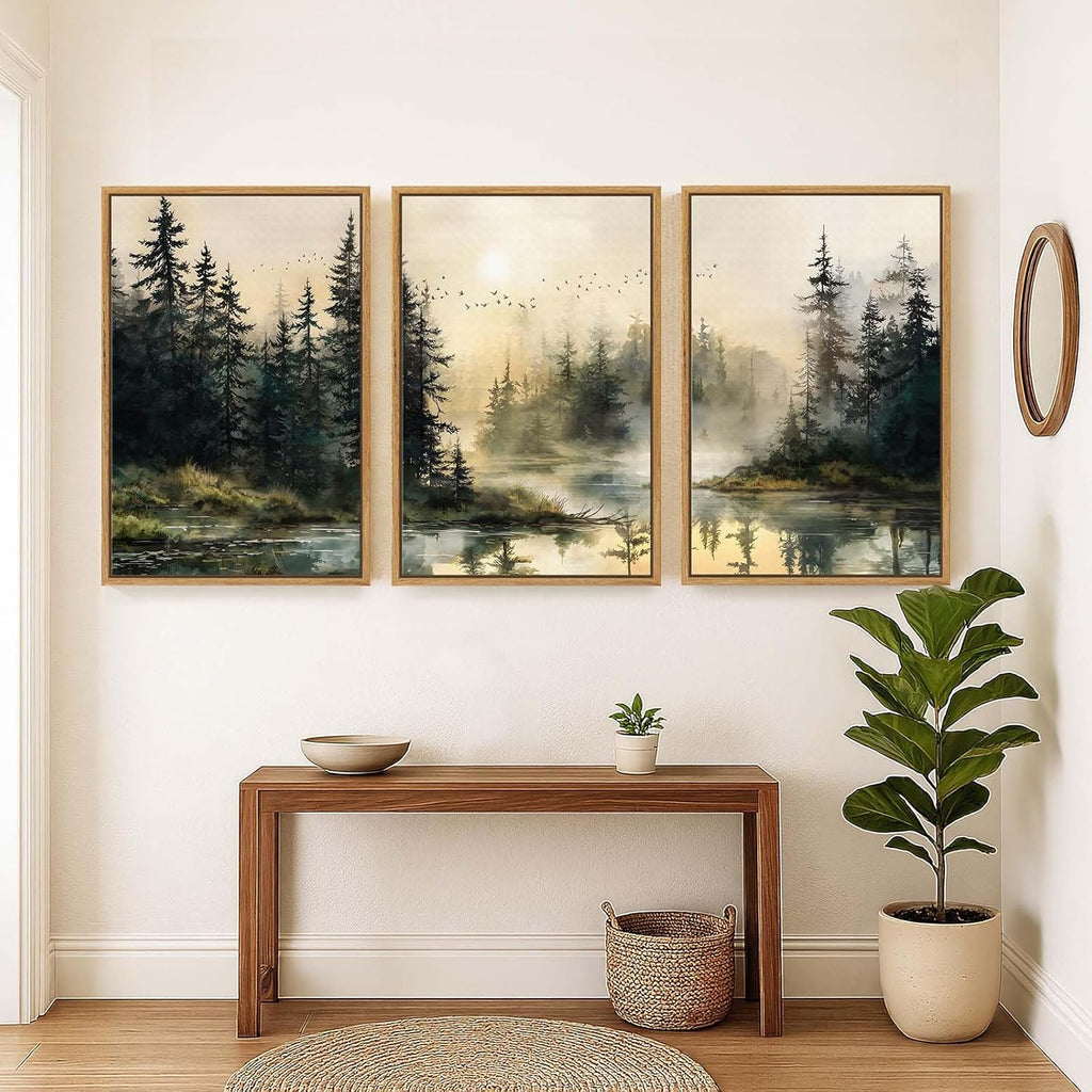 Framed Forest Landscape Wall Art for Living Room, Large 3 Piece Misty Pine Tree Nature Scenic Artwork for Walls, Rustic Woodland Sunset Canvas Painting Prints for Office Bedroom Wall Decor, 24x36 Inch