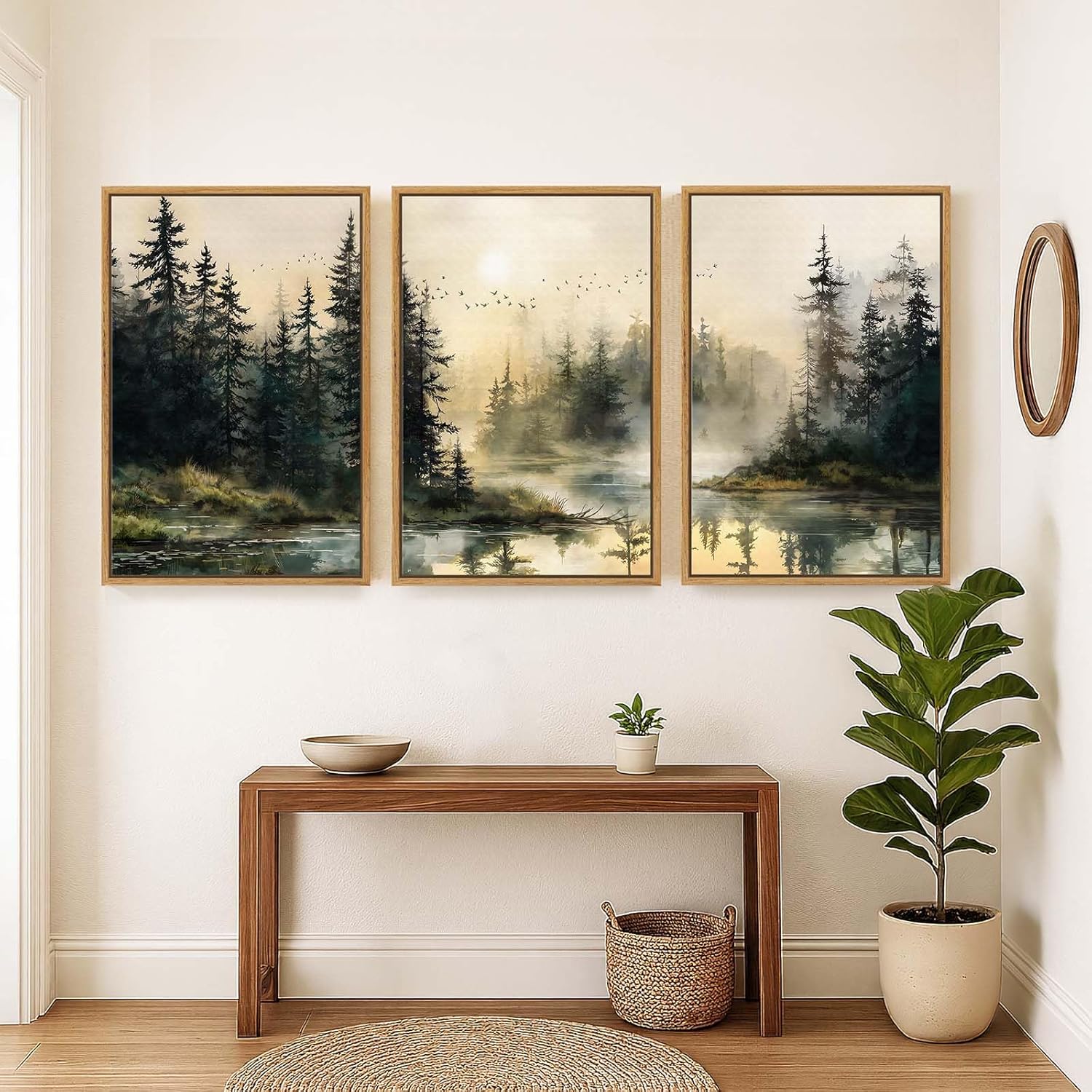 Framed Forest Landscape Wall Art for Living Room, Large 3 Piece Misty Pine Tree Nature Scenic Artwork for Walls, Rustic Woodland Sunset Canvas Painting Prints for Office Bedroom Wall Decor, 24x36 Inch