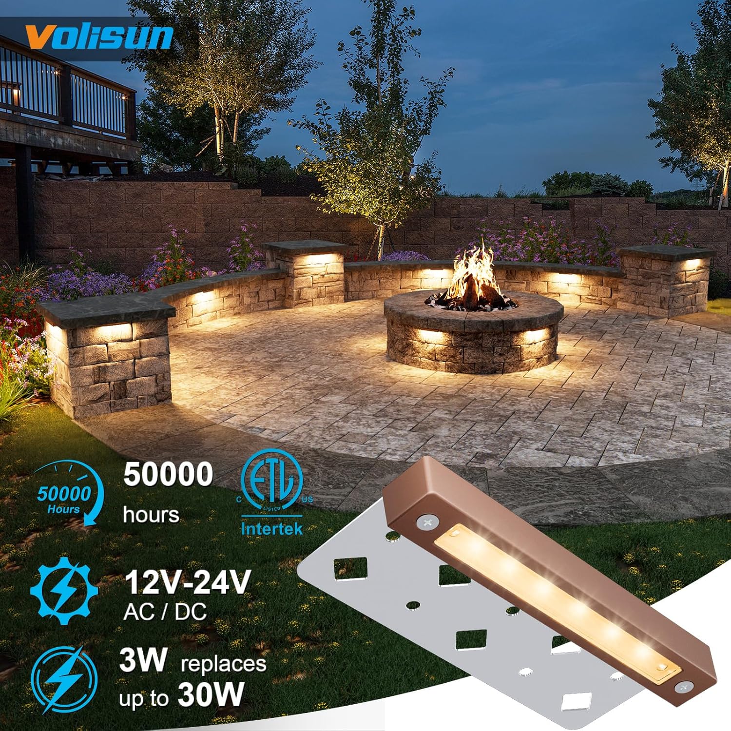VOLISUN 12 Pack 7 Inch Retaining Wall Lights, Waterproof LED Hardscape Lighting, Cuttable Low Voltage Landscape Lighting, 12V Paver Lights, 3W Outdoor Step Lights, 2700K Soft White, ETL