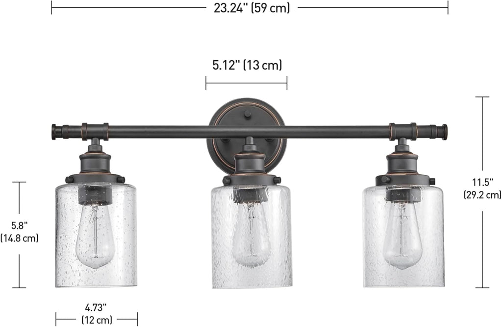 Globe Electric 51415 Camden 5-Piece All-in-One Bathroom Set, 3 Vanity Light with Seeded Glass Shades, Bar, Towel Ring, Robe Hook, Toilet Paper Holder, Bronze