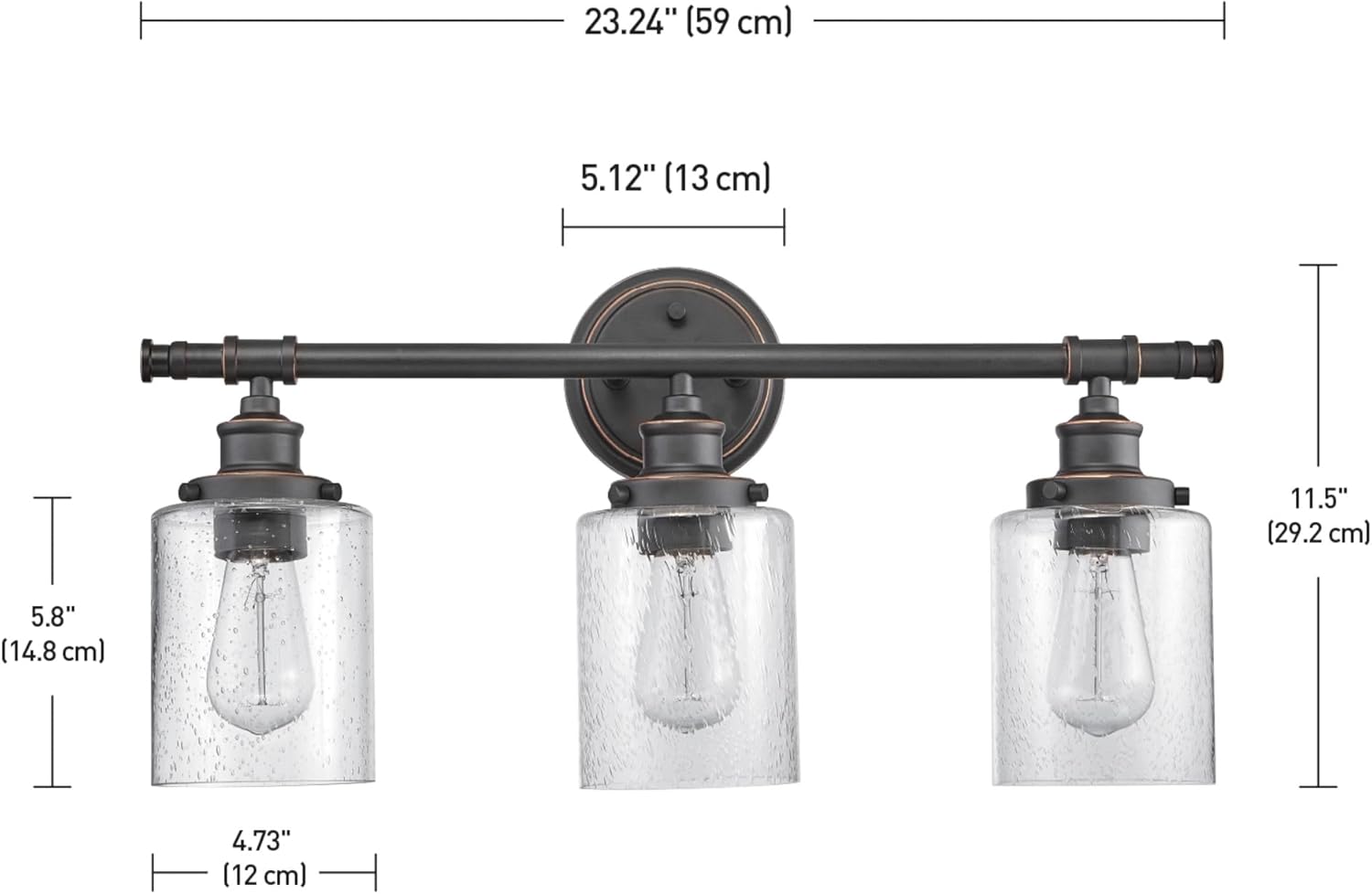 Globe Electric 51415 Camden 5-Piece All-in-One Bathroom Set, 3 Vanity Light with Seeded Glass Shades, Bar, Towel Ring, Robe Hook, Toilet Paper Holder, Bronze
