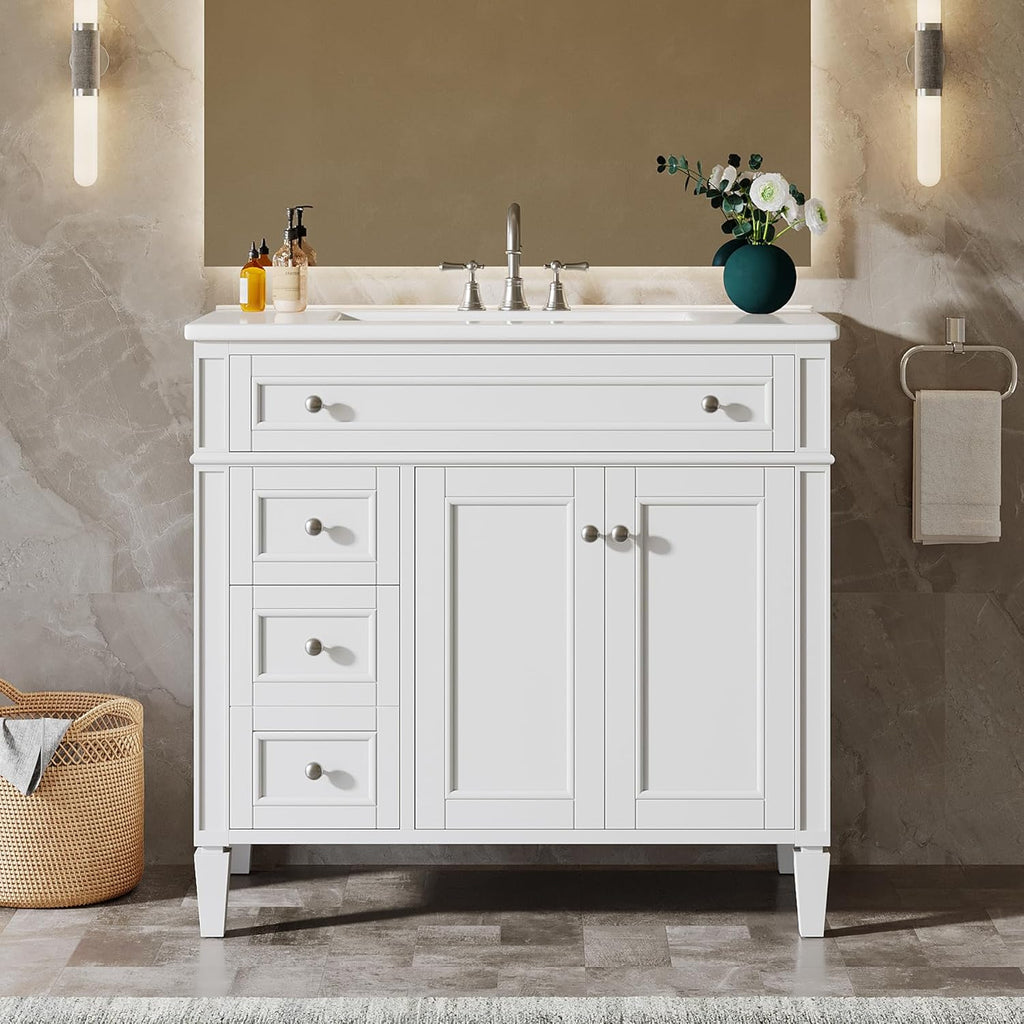 Tribesigns 36" Bathroom Vanity with Sink, Modern Bathroom Sink Cabinet with 4 Drawers & 2 Doors, Bath Storage Vanity Sink with Metal Handles, Solid Wood Frame, Paint Surface White