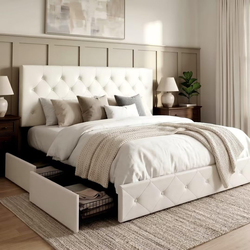 Allewie King Size Platform Bed Frame with 4 Storage Drawers and Headboard/Upholstered Diamond Stitched Button Tufted/Wooden Slats Support/Mattress Foundation/No Box Spring Needed/White