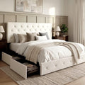 Allewie King Size Platform Bed Frame with 4 Storage Drawers and Headboard/Upholstered Diamond Stitched Button Tufted/Wooden Slats Support/Mattress Foundation/No Box Spring Needed/White