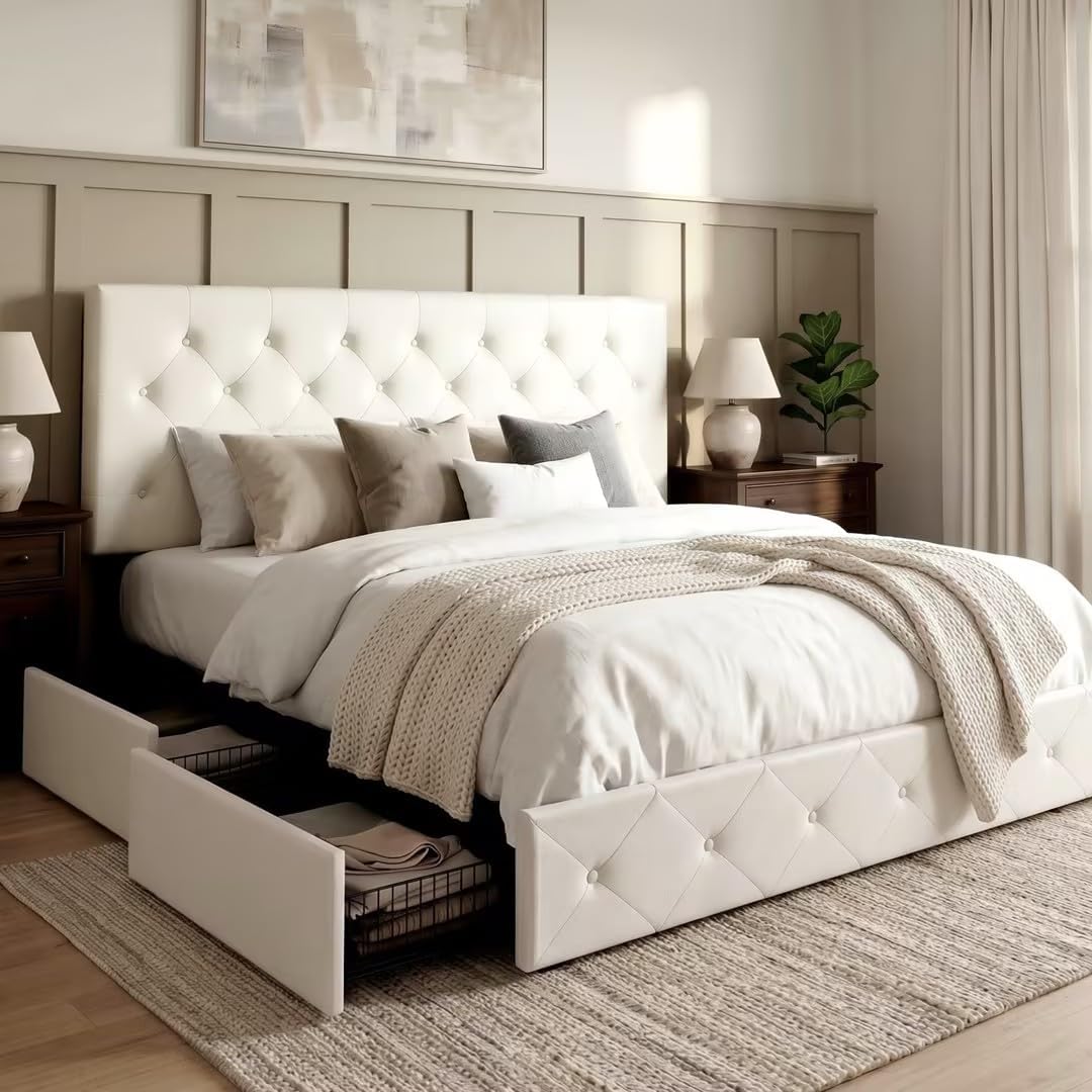 Allewie King Size Platform Bed Frame with 4 Storage Drawers and Headboard/Upholstered Diamond Stitched Button Tufted/Wooden Slats Support/Mattress Foundation/No Box Spring Needed/White