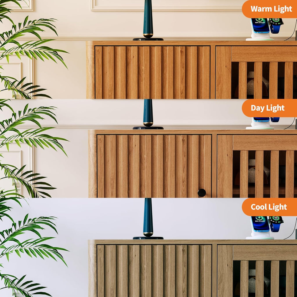 Garvee Mid Century Modern TV Stand, TV Stands for Living Room with 4 Grille Doors and Adjustable Shelves, Entertainment Center with Storage and Power Output, Wooden TV Console