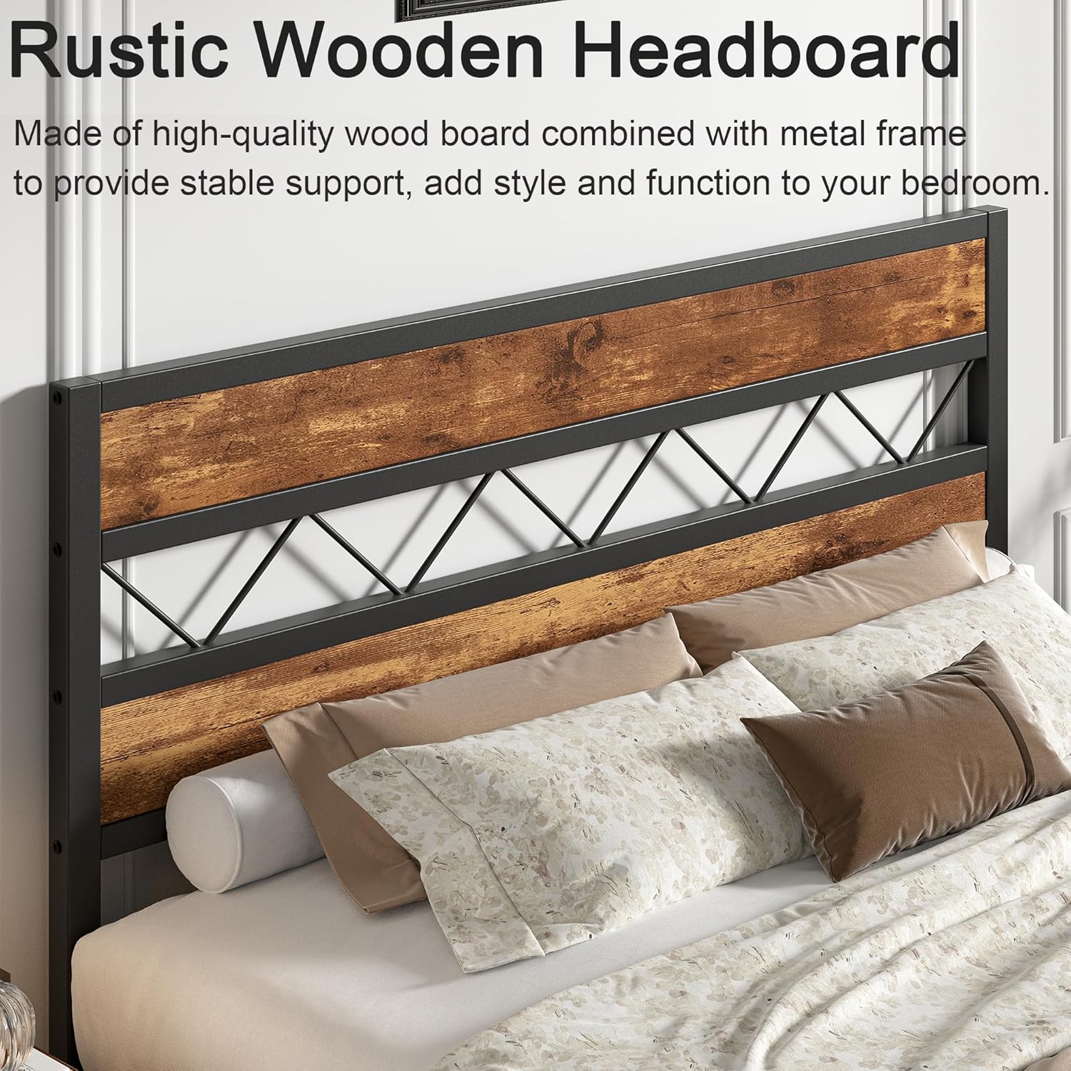 VECELO Queen Size Bed Frame with Headboard, Heavy-Duty Platform Bedframe with Metal Slats Support, No Box Spring Needed, Easy Assembly, Black & Brown