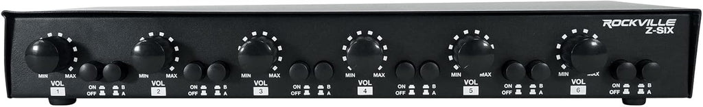 Rockville Z-SIX 300W 6-Zone Audio Zoner 8-Ohm, Multi-Room Control, Dual Source Inputs, Volume Control, for Home and Commercial Audio Systems