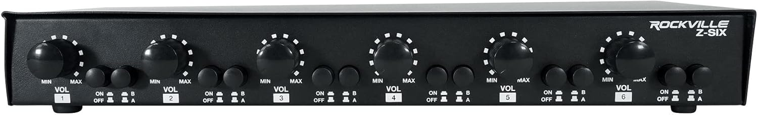 Rockville Z-SIX 300W 6-Zone Audio Zoner 8-Ohm, Multi-Room Control, Dual Source Inputs, Volume Control, for Home and Commercial Audio Systems