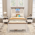 Vabches Farmhouse Twin Size Bed Frame with Storage Bookcase Headboard, LED Lights and Charging Station, Sliding Barn Door and Adjustable Shelves, No Box Spring Needed, White