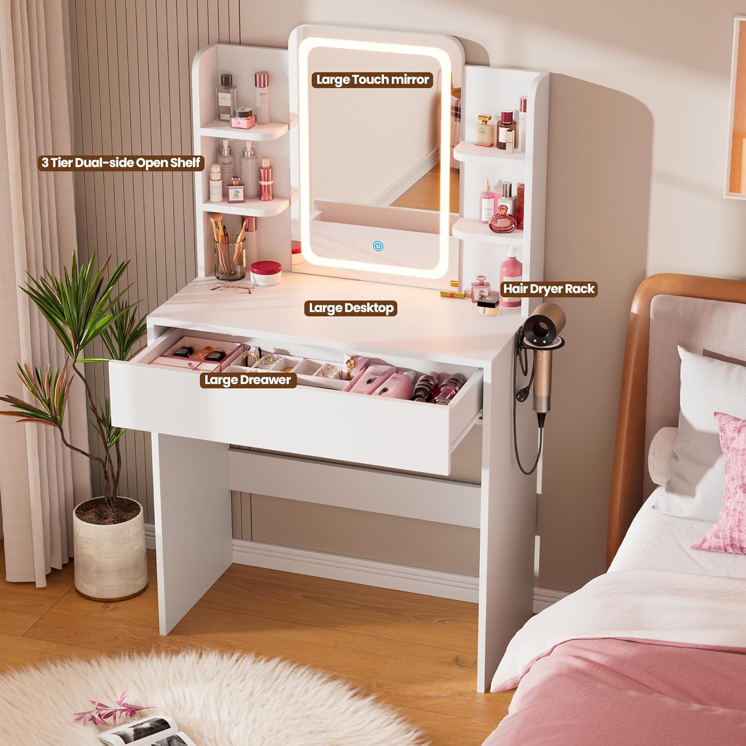 HAIOOU Small Vanity Desk with Mirror and Lights, Makeup Vanity Desk with Storage Drawer, Compact Dressing Table with 3-Tier Open Shelf for Girls Women Bedroom (White)