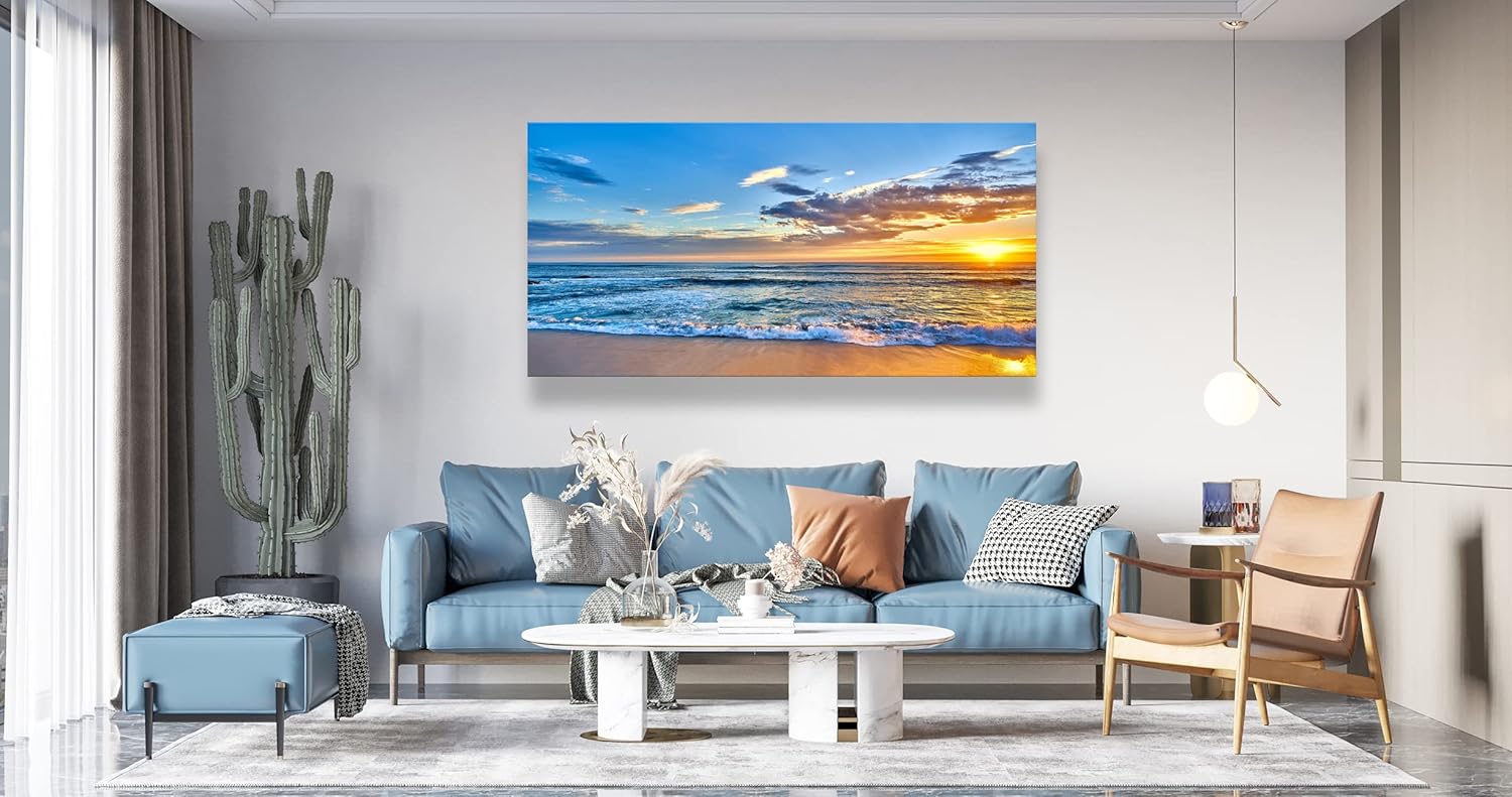 Aibonnly Wall Art Canvas Painting Seaside Sunset over the beaches 1 Piece blue sea view Landscape Ocean Picture Poster Print Framed Ready to Hang for Living Room Bedroom Kitchen Office