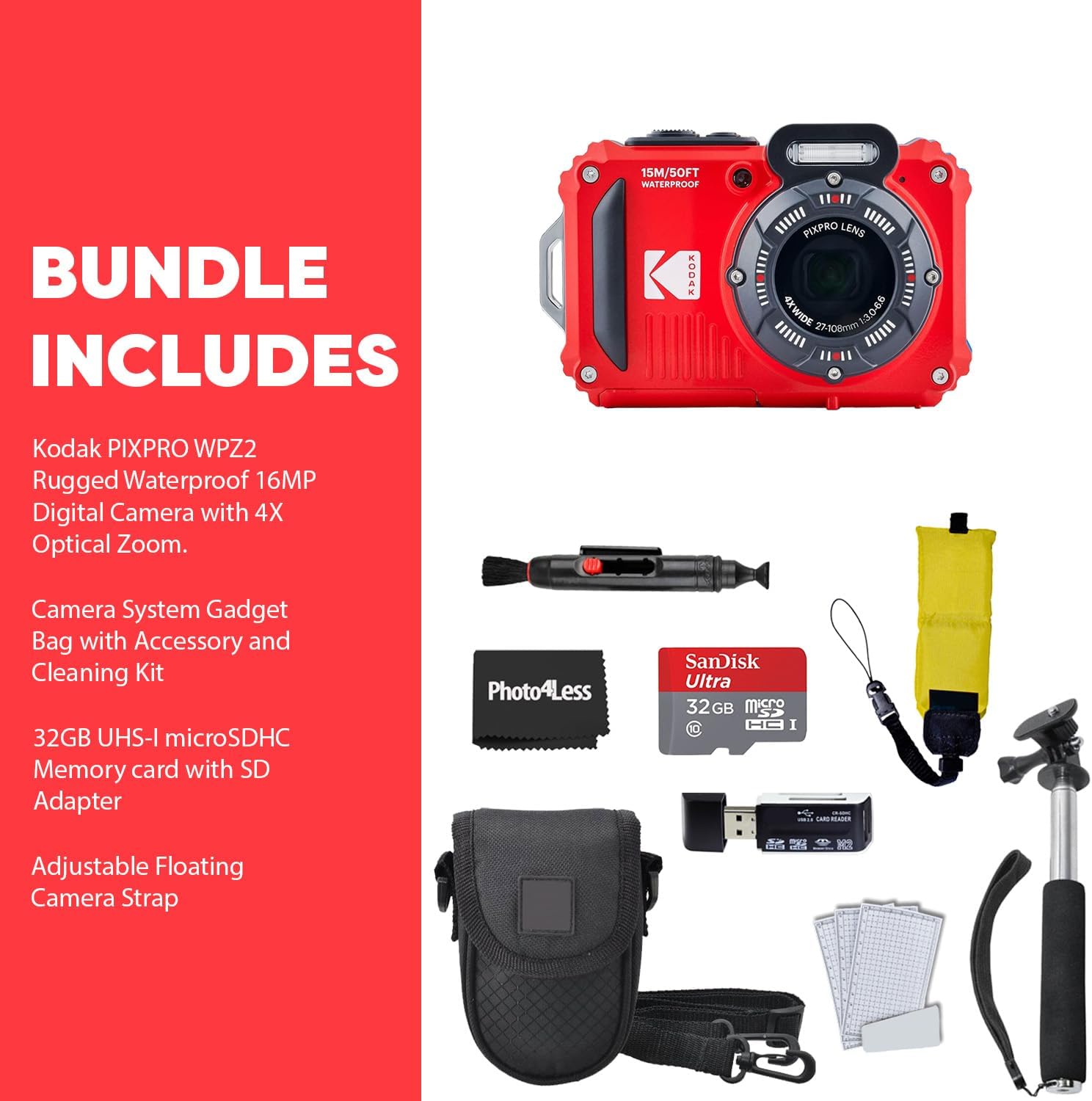 KODAK PIXPRO WPZ2 Rugged Waterproof Digital Camera, Red Bundles with Case, Monopod, Card Reader and More (9 Items)