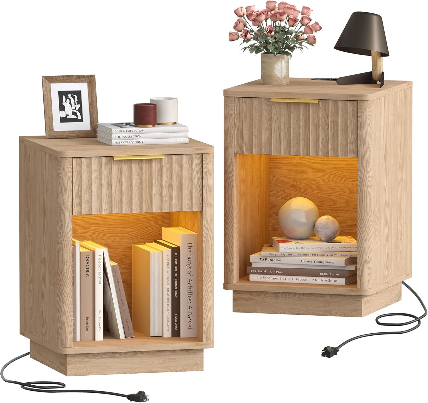 Akxomel Fluted Nightstands Set of 2, Wooden Night Stand with Charging Station and LED Light, Modern Mid Century Bed Side End Table with Drawer, 15" D x 15.7" W x 22.6" H, for Bedroom, Natural Oak