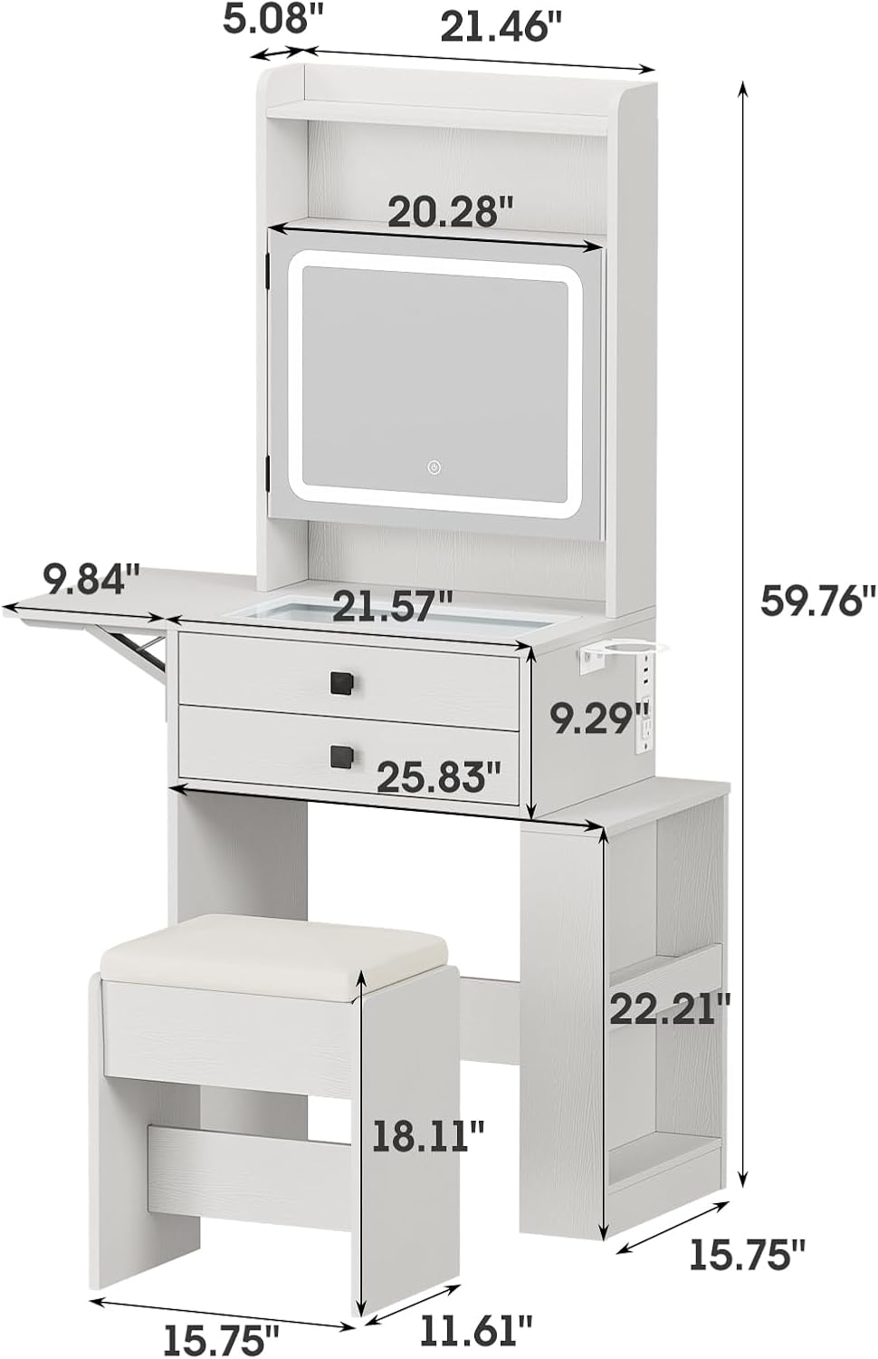 Vabches Small Makeup Vanity Desk with 3 Adjustable Lighted Mirror, White Vanity Set with Fold-up Panel and Charging Station, Glass Top Dressing Table with Drawers and Chair, 2 Hidden Storage Shelves