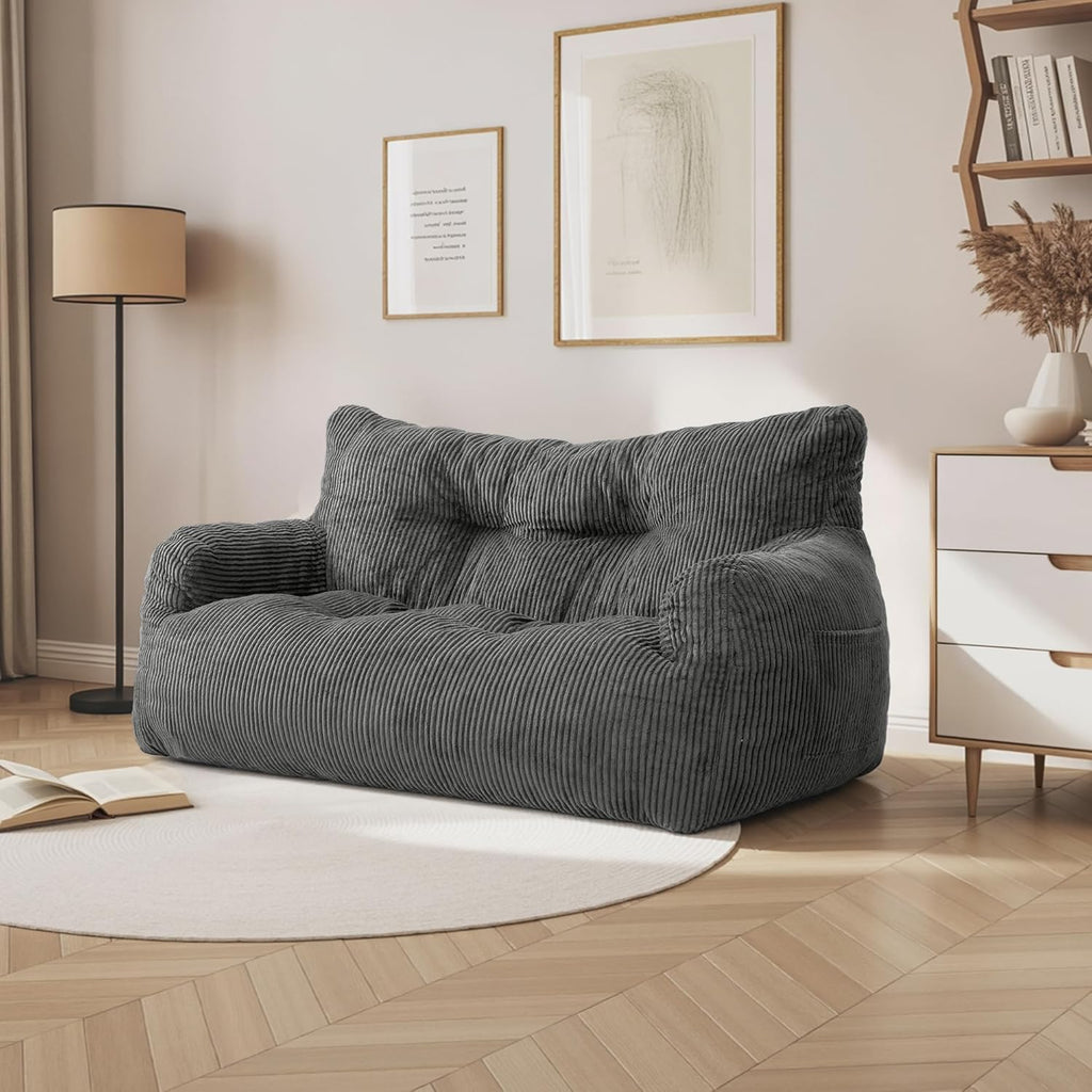 Pamapic 59" Bean Bag Chair,2 Seat Loveseat Sofa,Ultra Soft Dutch Velvet,Fluffy Comfort Washable Cover,Corduroy Lazy Sofa Bed for Adults,Fit Living Room, Bedroom,Outdoor Spaces,72h Rebound,Gray