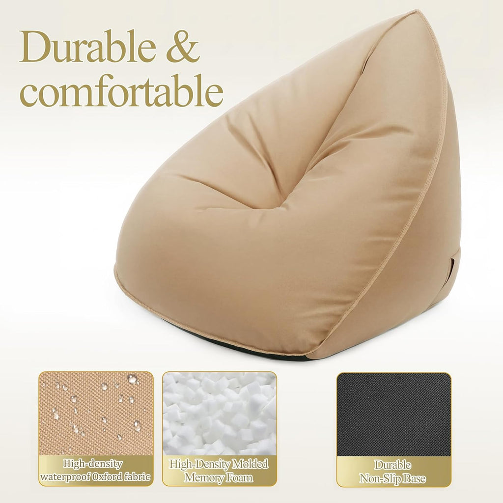 Deep Seating Bean Bag Chair for Adults, Memory Foam with Back Support Panel & Waterproof Fabric, Retains Shape for Yacht, Dock, Patio & Indoor Use, Khaki
