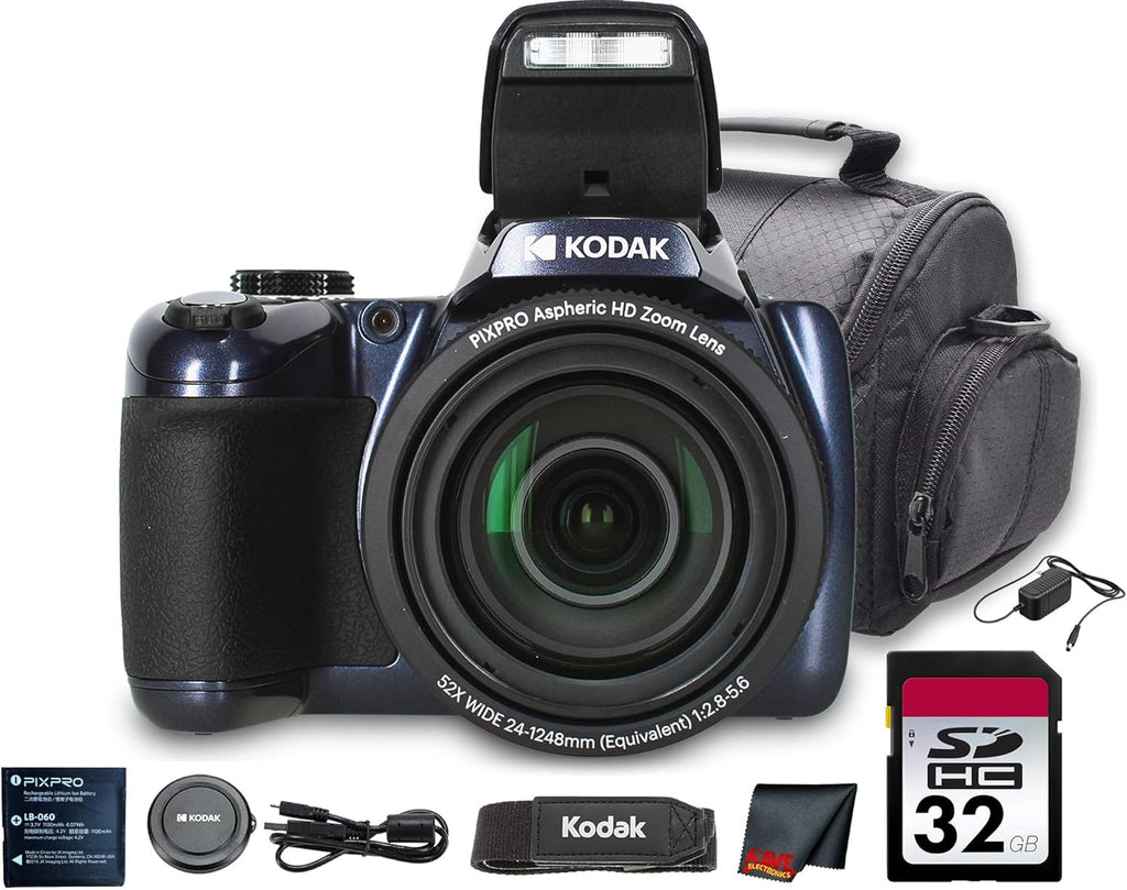 Kodak PIXPRO AZ528 Digital Camera (Blue) | 16MP Sensor, 52x Optical Zoom, 24mm Wide-Angle Lens, Optical is & Wi-Fi Connectivity | Great for Travel & Family Photos (AZ528MB) + 32GB Card + Bag + Cloth