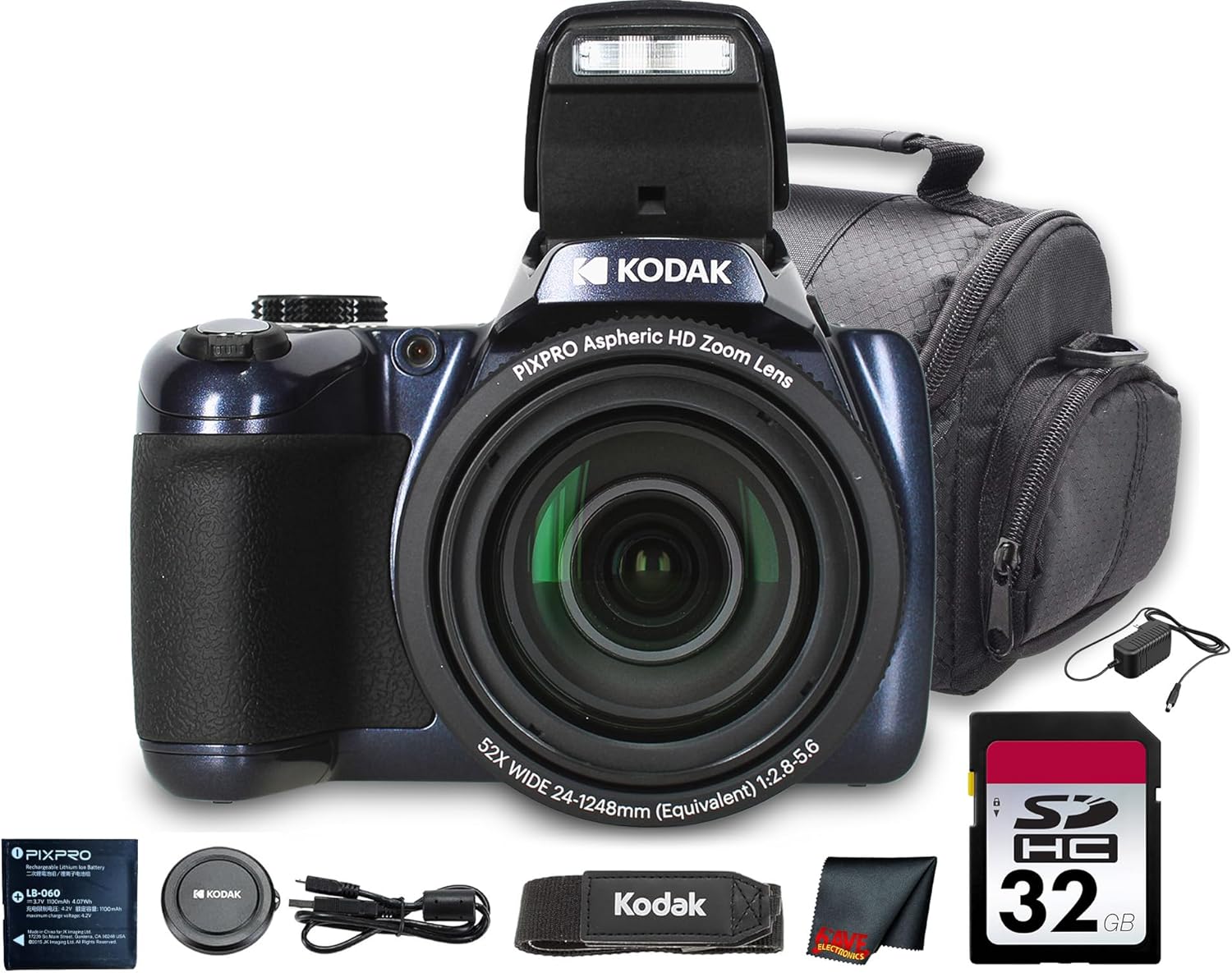 Kodak PIXPRO AZ528 Digital Camera (Blue) | 16MP Sensor, 52x Optical Zoom, 24mm Wide-Angle Lens, Optical is & Wi-Fi Connectivity | Great for Travel & Family Photos (AZ528MB) + 32GB Card + Bag + Cloth