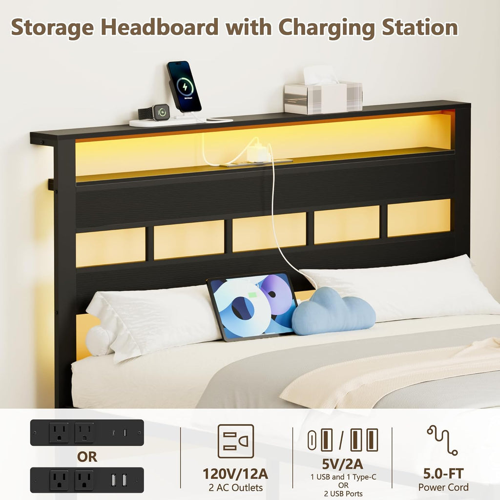 Furnulem Queen Bed Frame with Storage Headboard and LED Lights, Metal Bedframe with Charging Station and USB Port, Queen Size Platform Bed with Heavy Duty Slats, No Box Spring Needed, Black Oak