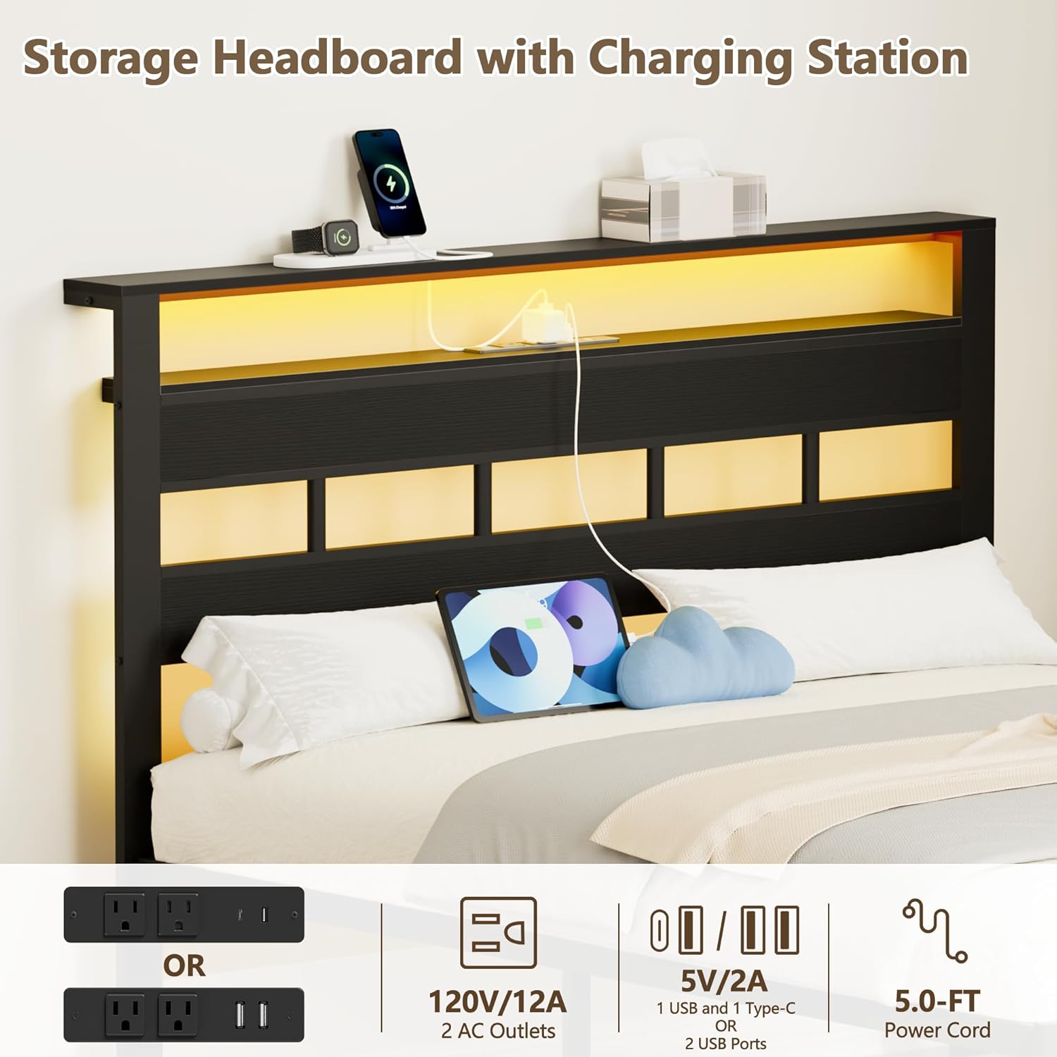 Furnulem Queen Bed Frame with Storage Headboard and LED Lights, Metal Bedframe with Charging Station and USB Port, Queen Size Platform Bed with Heavy Duty Slats, No Box Spring Needed, Black Oak