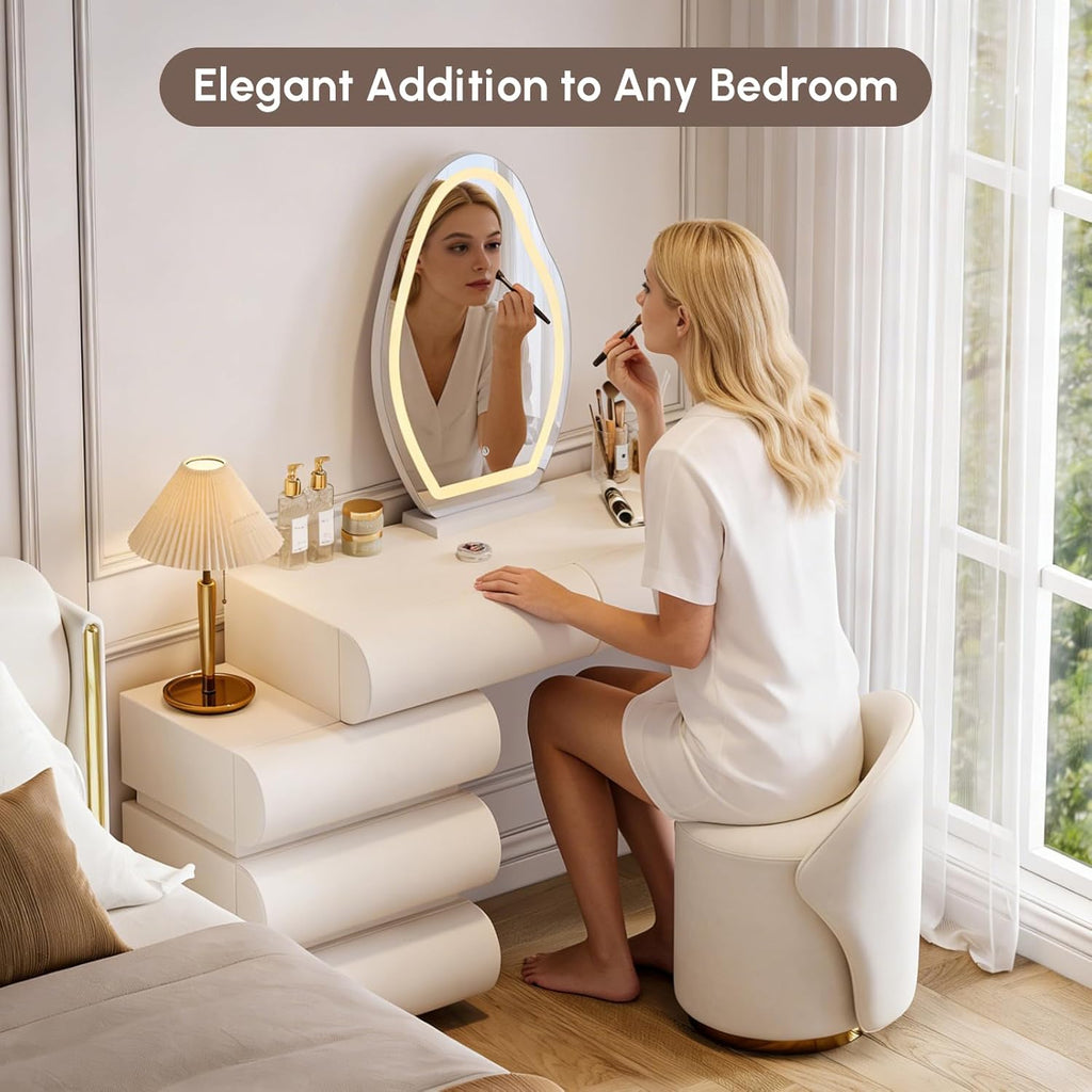homary White Makeup Vanity Set with LED Mirror and Dressing Stool, Modern PU Leather Dressing Table with Drawers for Bedroom, Ideal for Women Girls (White)