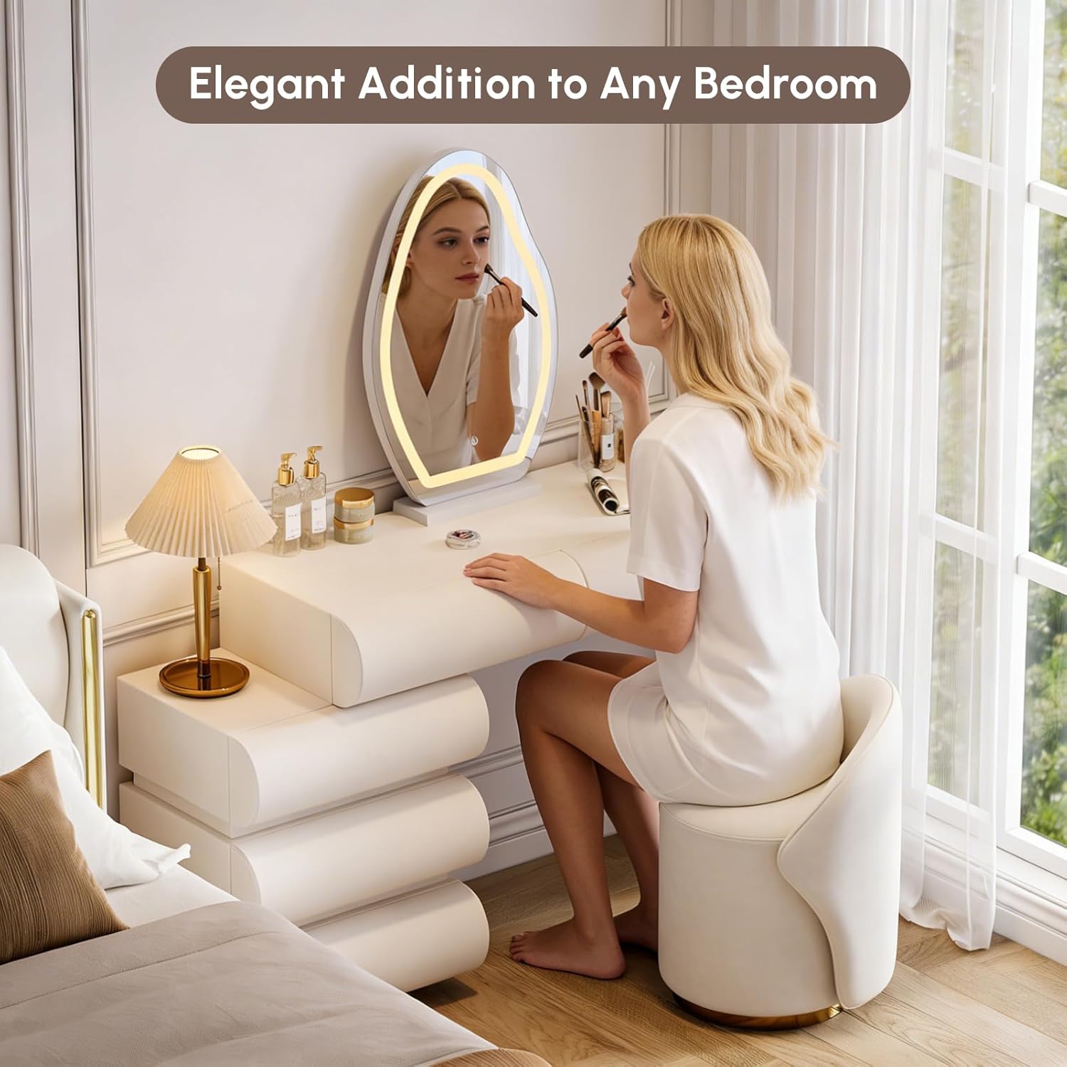 homary White Makeup Vanity Set with LED Mirror and Dressing Stool, Modern PU Leather Dressing Table with Drawers for Bedroom, Ideal for Women Girls (White)