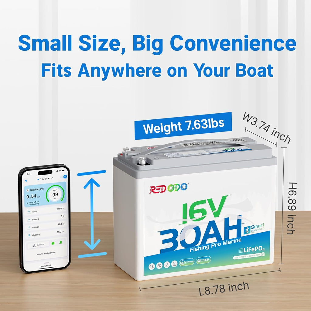 Redodo 16V 30Ah Bluetooth Lithium Marine Battery and 18.25V 10A Charger Set, Low-Temp Cutoff Protections, Perfect for Marine Devices Such as Sonar, Radar, GPS, Fish Finder