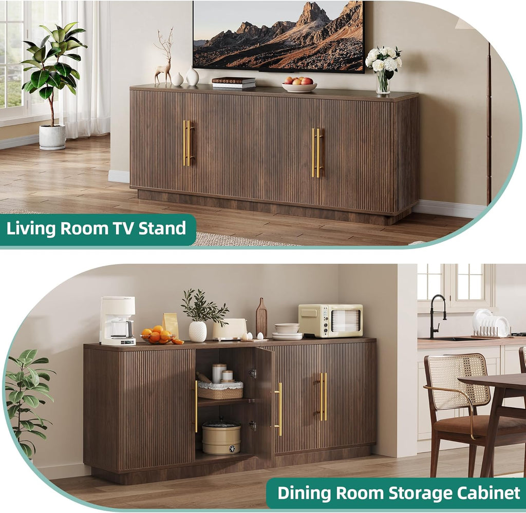 YITAHOME TV Stand for TVs up to 80 Inches, Media Console with 4 Fluted Doors, 70" Entertainment Center with Ample Storage for Living Room(Natural Oak)