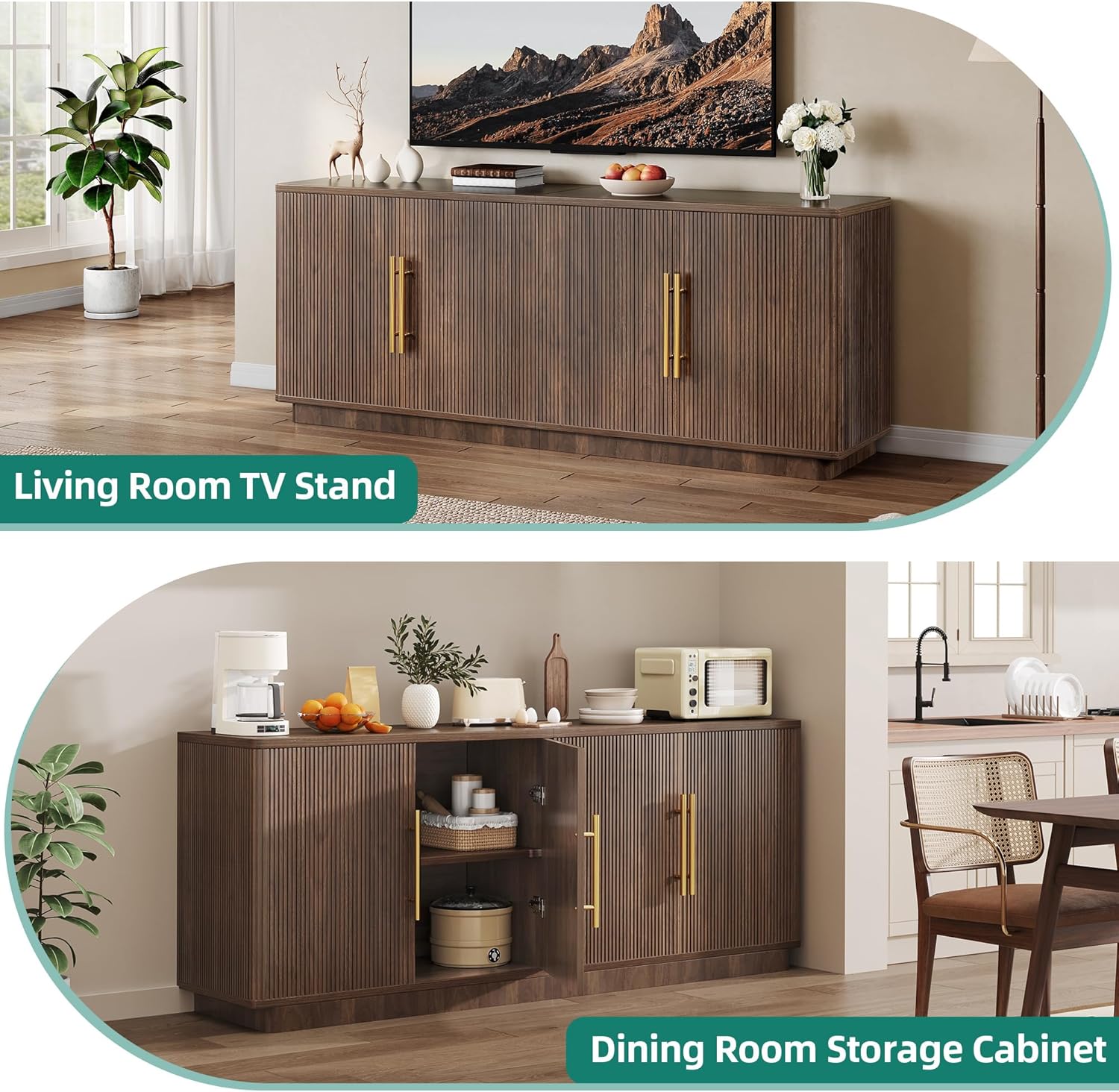 YITAHOME TV Stand for TVs up to 80 Inches, Media Console with 4 Fluted Doors, 70" Entertainment Center with Ample Storage for Living Room(Natural Oak)