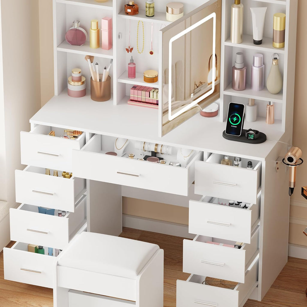 BEWISHOME Vanity Desk with Mirror and Lights, Makeup Vanity Table with Power Outlet,Stool Vanity Table with 9 Drawers 6 Storage Shelves Jewelry Storage,Dressing Table for Bedroom Girls White FST36W