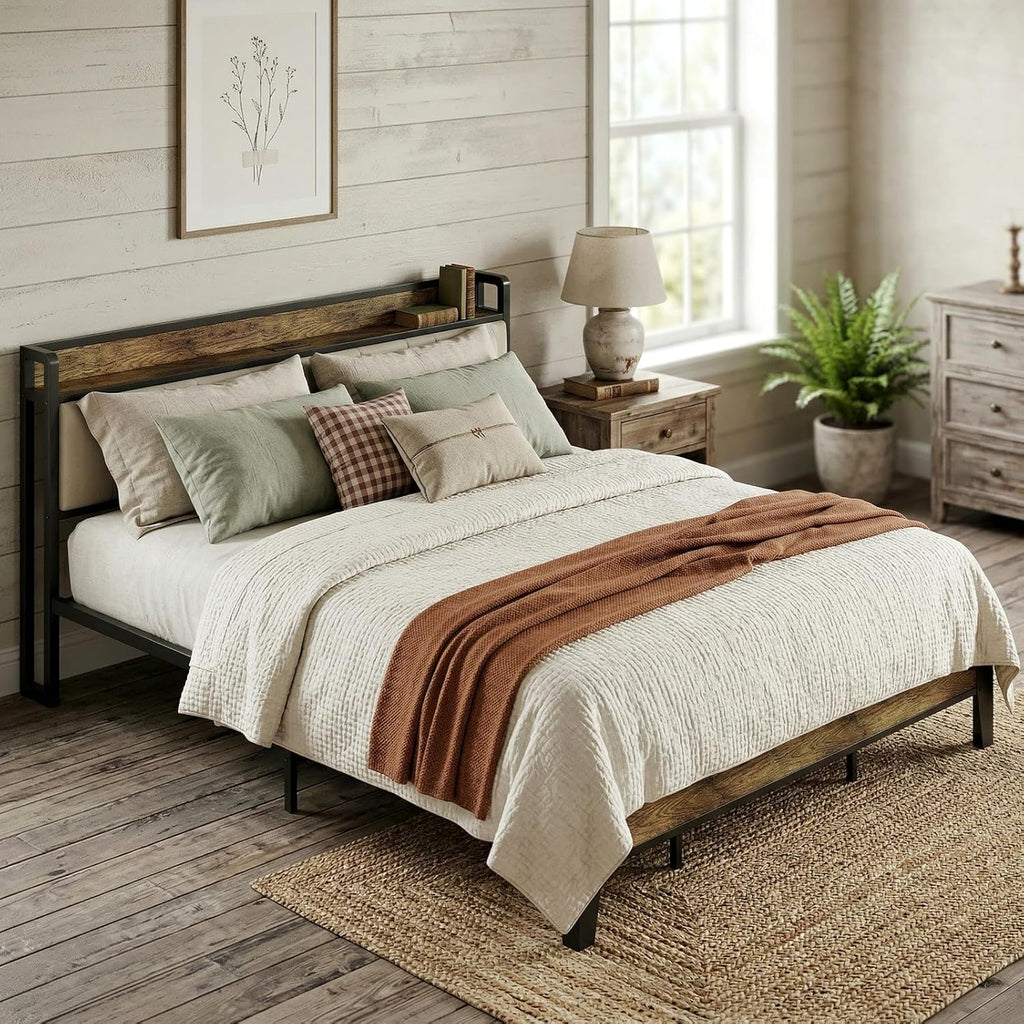 LIKIMIO King Bed Frame, Storage Headboard with Charging Station, Solid and Stable, Noise Free, No Box Spring Needed, Easy Assembly (Walnut and Beige)